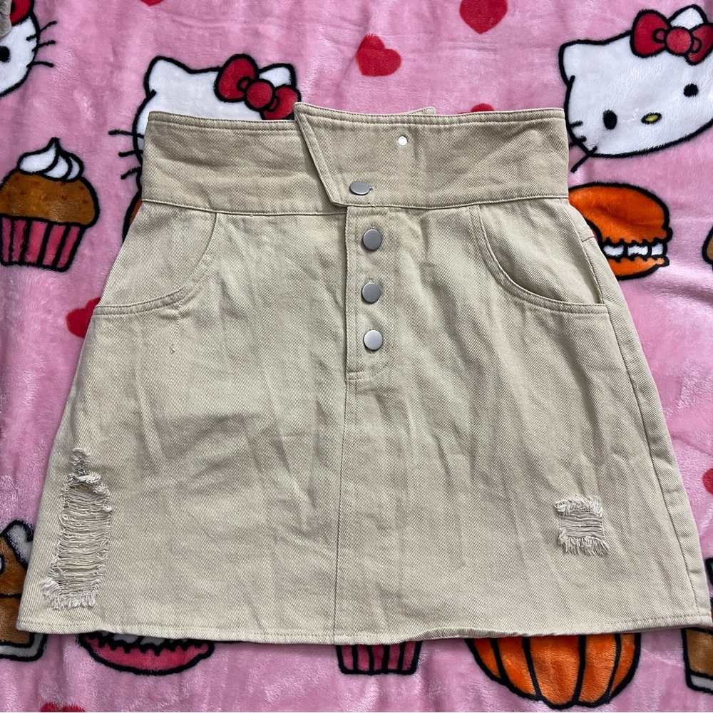 Khaki Distressed Denim Snap Up Skirt